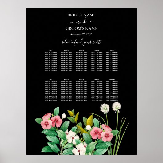 Wildblumen Periwinkle Black Wedding Chart Poster (Vorne)