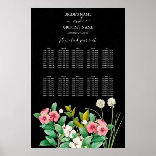 Wildblumen Periwinkle Black Wedding Chart Poster (Vorne)