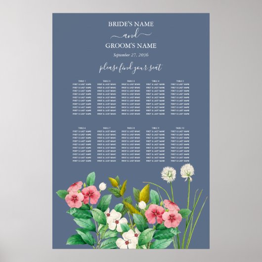 Wildblumen Periwinkle Blue Wedding Chart Poster (Vorne)