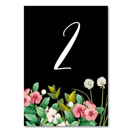 Wildblumen Periwinkle Watercolor Black Wedding Tischnummer (Vorderseite)