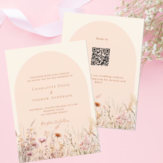 Wildblumen Pfirsichbeige Bogen QR Code UAWG Hochze Einladung