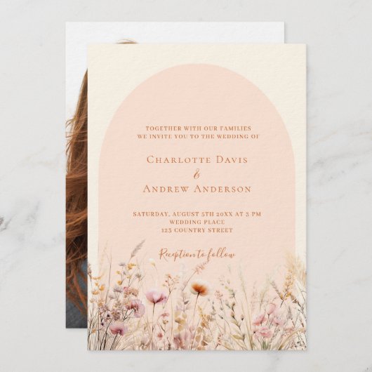 Wildblumen Pfirsichbeige Foto Luxushochzeit Einladung (Vorne/Hinten)