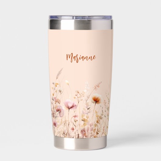 Wildblumen pfirsichfarbenes Namensskript Thermobecher (Rückseite)