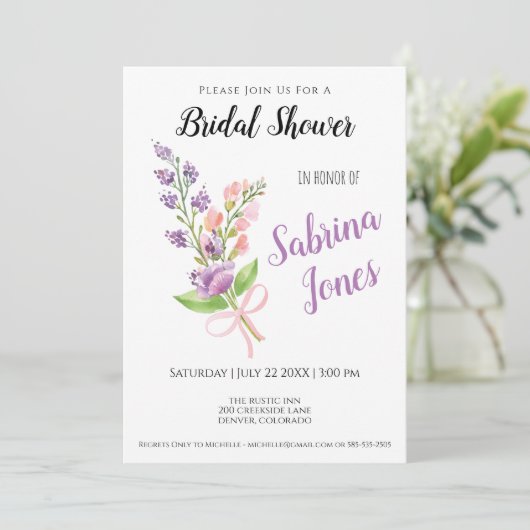 Wildblumen Pink Ribbon Bouquet Brautparty Einladung (Stehend Vorderseite)