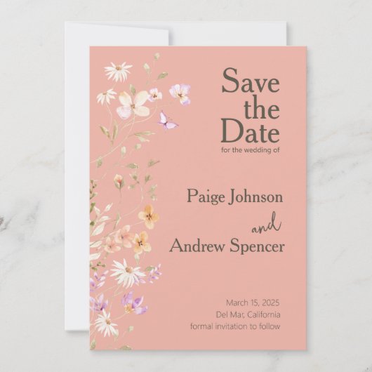 Wildblumen Pinks Wedding Save the Date Einladung (Vorderseite)