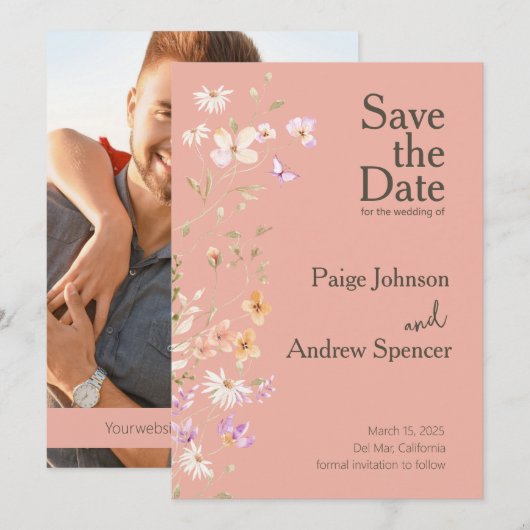Wildblumen Pinks Wedding Save the Date Einladung (Vorne/Hinten)