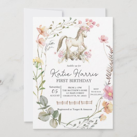 Wildblumen-Pony-Geburtstag Einladung (Vorderseite)