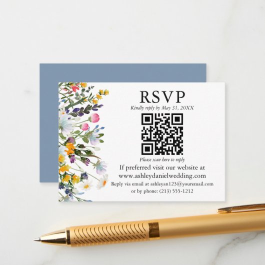Wildblumen QR UAWG Wedding Dusty Blue Begleitkarte (Vorderseite/Rückseite Beispiel)