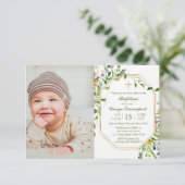 Wildblumen rahmen Taufe benutzerdefiniertes Foto E Einladung (Stehend Vorderseite)
