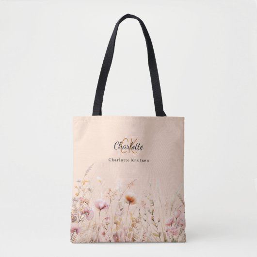 Wildblumen Rosa Beige Monogramm Tasche (Vorderseite)