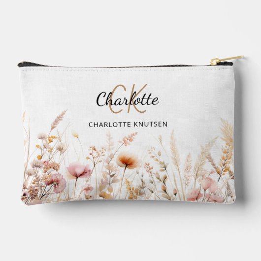 Wildblumen Rosa Beige Monogramm Zubehörtasche (Rückseite)