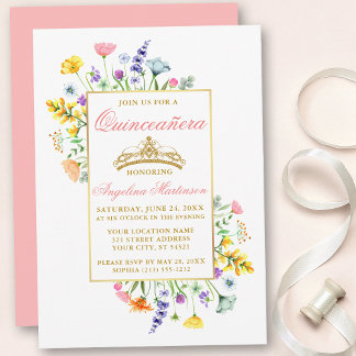 Wildblumen Rosa Gold Quinceanera Einladung