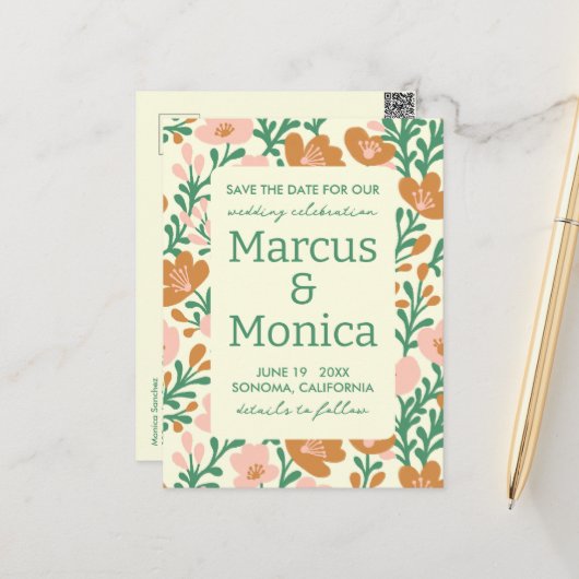 Wildblumen Rosa Grüne Gewohnheit Save the Date Postkarte (Vorderseite/Rückseite Beispiel)