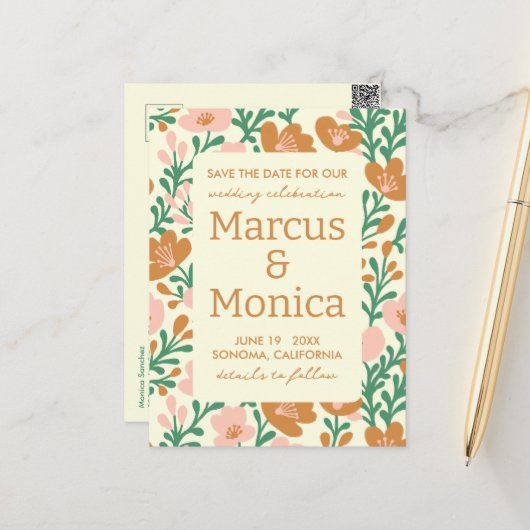 Wildblumen Rosa Grüne Gewohnheit Save the Date Postkarte (Vorderseite/Rückseite Beispiel)