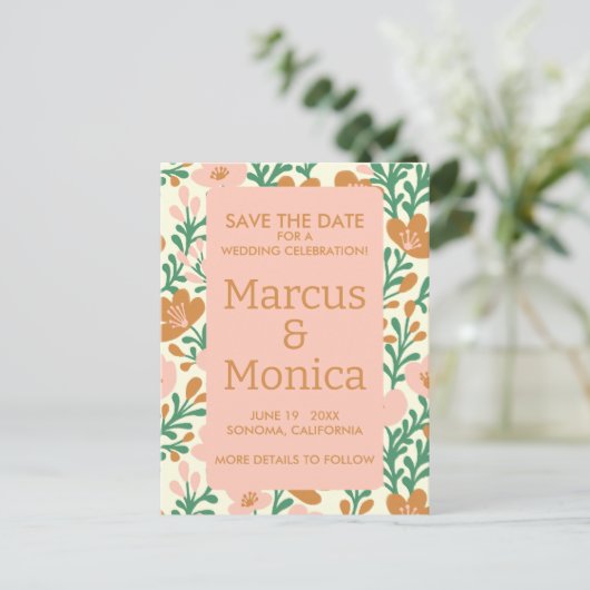 Wildblumen Rosa Grüne Gewohnheit Save the Date Postkarte (Stehend Vorderseite)