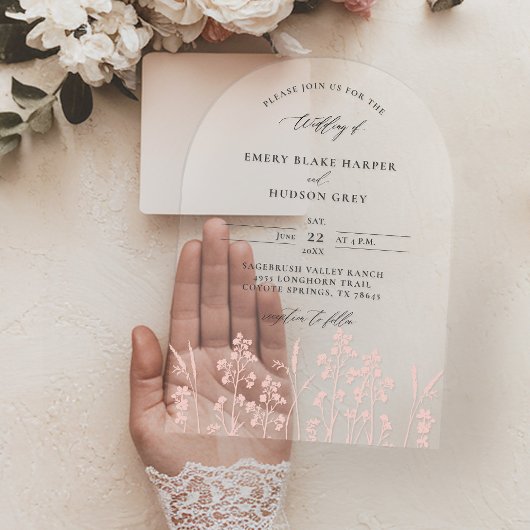 Wildblumen Rosa Modernes Gewölbe Klare Hochzeit Acryleinladungen