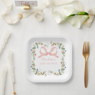 Wildblumen-Rosa-Schleife-Baby-Party Pappteller