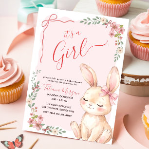 Wildblumen Rosa Schleife Gingham Mädchen Babyparty Einladung