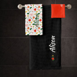 Wildblumen Rot grün, schwarz Badhandtuch Set