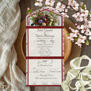 Wildblumen, Rotes Band & Spitze Hochzeit All In One Einladung