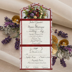 Wildblumen, Rotes Band & Spitze Hochzeit All In One Einladung