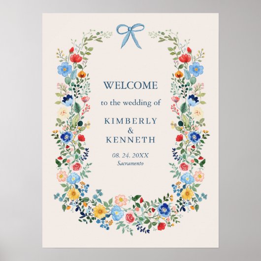 Wildblumen Rustic Blue Bow Wedding Willkommen Poster (Vorne)