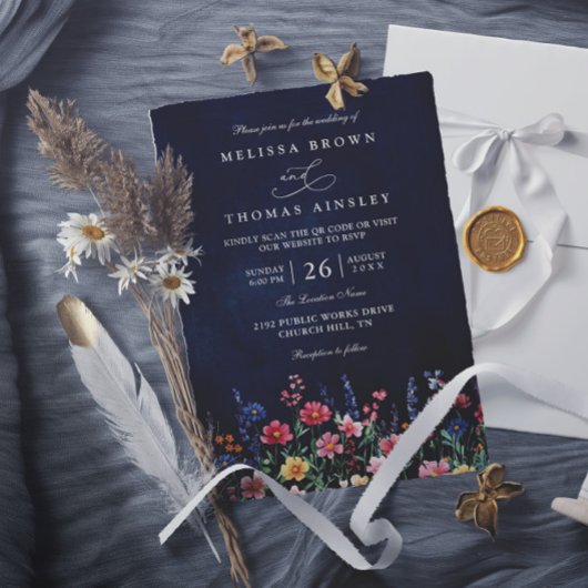 Wildblumen-Rustikal-Boho-Navy-Chic-QR-Code-Hochzei Einladung