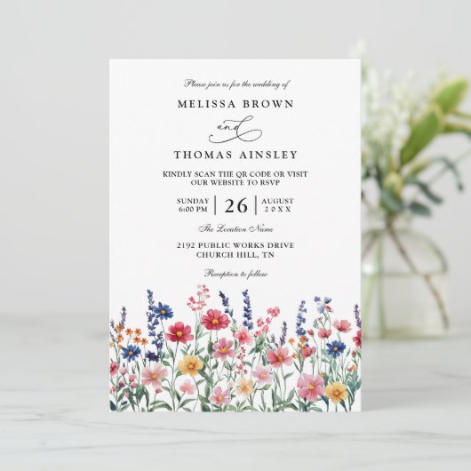Wildblumen-Rustikale-Land-Boho-QR-Code-Hochzeit Einladung (Stehend Vorderseite)