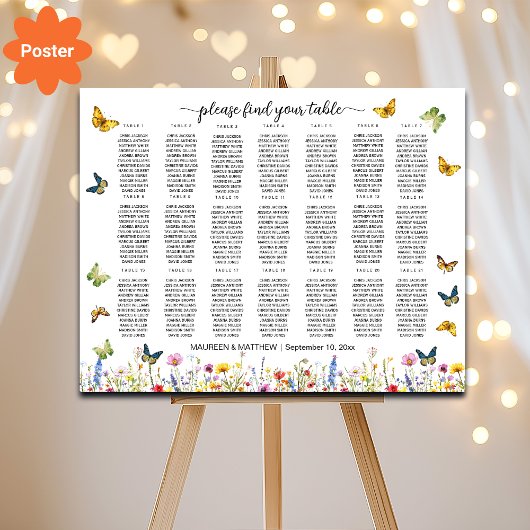 Wildblumen Schmetterlinge 21 Tische Hochzeitssitze Poster