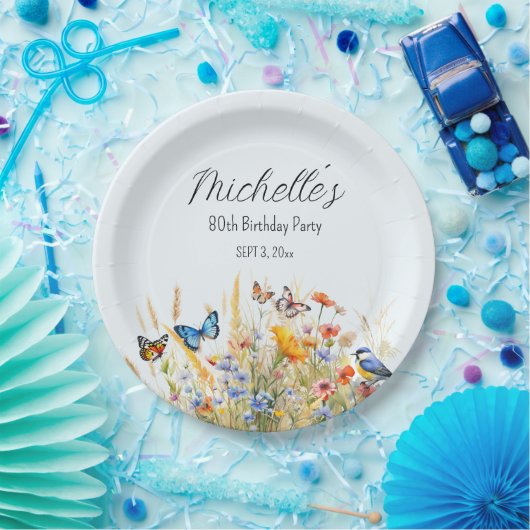 Wildblumen Schmetterlinge Vögel Überraschung 80. Pappteller (Party)