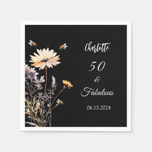 Wildblumen schwarz 50 fabelhafte Geburtstage Serviette (Vorderseite)