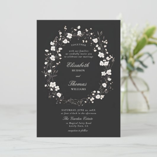 Wildblumen Schwarz-weiß formelle Hochzeit Einladung (Stehend Vorderseite)