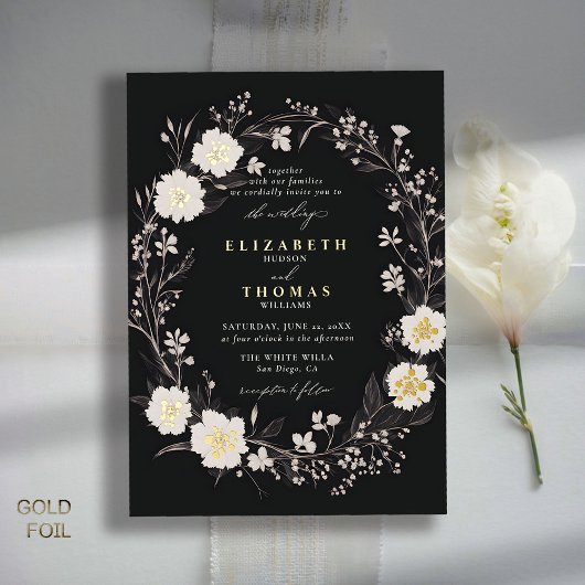 Wildblumen Schwarz-weiß kühl Gold Elegante Hochzei Folieneinladung