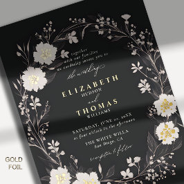 Wildblumen Schwarz-weiß kühl Gold Elegante Hochzei Folieneinladung
