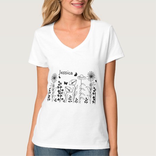 Wildblumen Schwarz/Weiß T-Shirt (Vorderseite)
