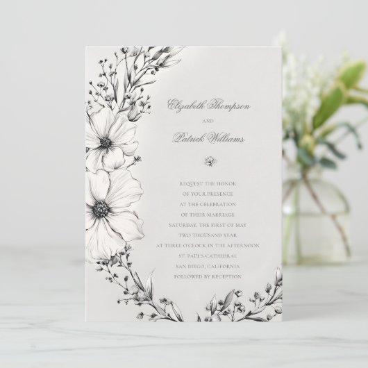 Wildblumen Schwarze Elfenbeinküche Einladung (Stehend Vorderseite)