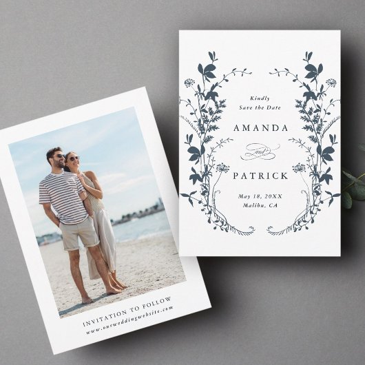 Wildblumen Silhouette Hochzeit Foto Navy Blue Save The Date