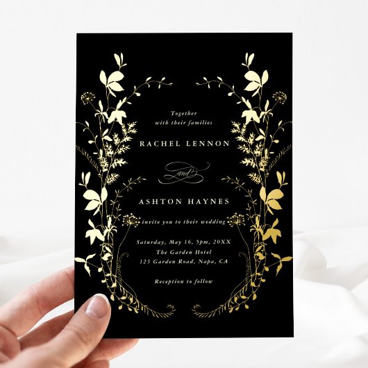 Wildblumen Silhouette Wreath Black Wedding Gold Folieneinladung