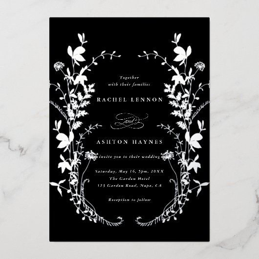 Wildblumen Silhouette Wreath Black Wedding Silver Folieneinladung (Vorderseite)