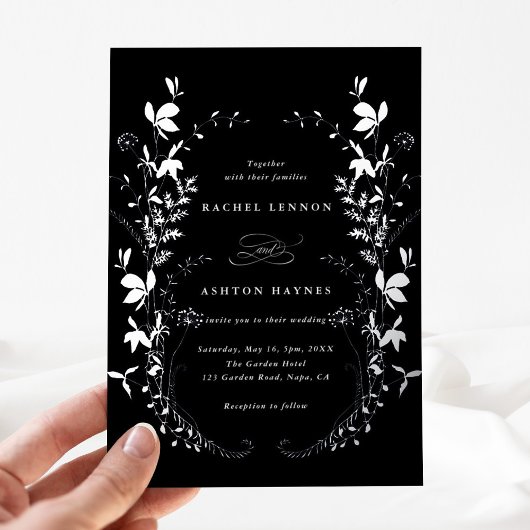 Wildblumen Silhouette Wreath Black Wedding Silver Folieneinladung