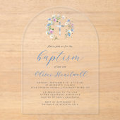 Wildblumen Silver Cross Blue Script Boy Taufe Acryleinladungen (Vorderseite)