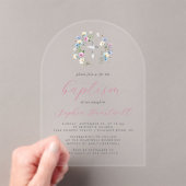 Wildblumen Silver Cross Pink Script Girl Taufe Acryleinladungen (Insitu (Handheld))