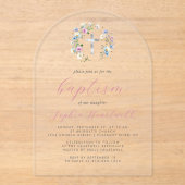 Wildblumen Silver Cross Pink Script Girl Taufe Acryleinladungen (Vorderseite)