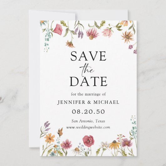 Wildblumen speichern die Datumskarten Einladung (Vorderseite)