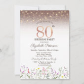Wildblumen, String Lights Glitzer 80. Geburtstag Einladung (Vorderseite)