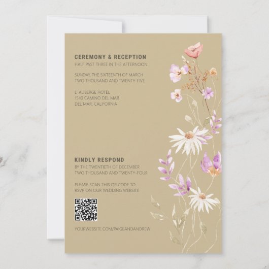 Wildblumen Tan Farmhouse Hochzeit Einladung (Rückseite)
