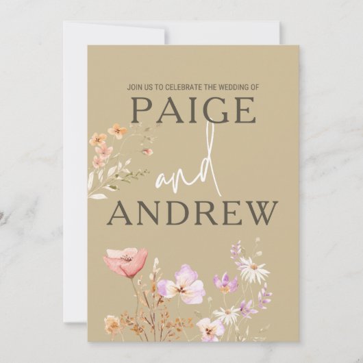 Wildblumen Tan Farmhouse Hochzeit Einladung 2 (Vorderseite)