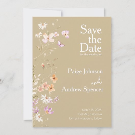 Wildblumen Tan Wedding speichern das Datum Einladung (Vorderseite)