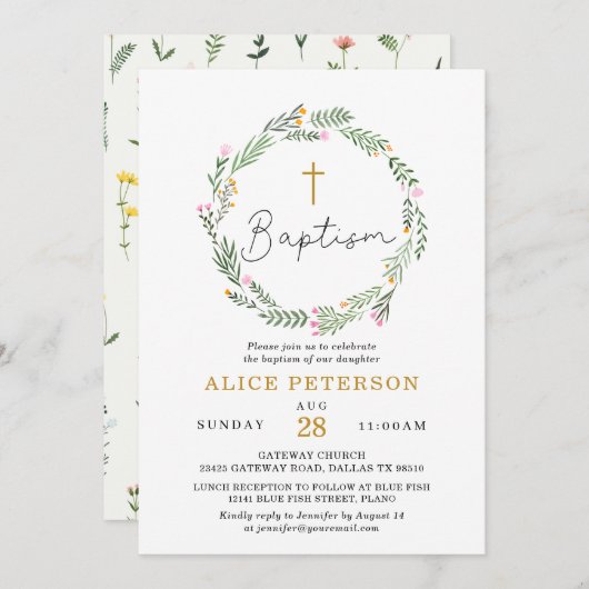 Wildblumen Taufe Mädchen Einladung (Vorne/Hinten)