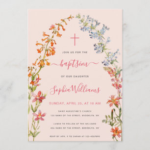 Wildblumen Taufe Rosa Floral Wasserfarben Mädchen Einladung